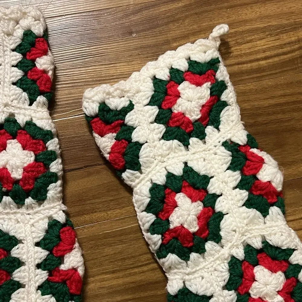 Vintage Lot of 3 Crochet Granny Square Christmas Stockings Red Green White Heels